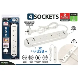 1Pc 4Way Powerboard With 1Switch (Surge) & 2USB