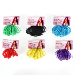 Hair Elastic Metal Free 60pk Assorted in Solid Colour Packs Black, Blue, Red, Purple, Yellow, Green (Thin)